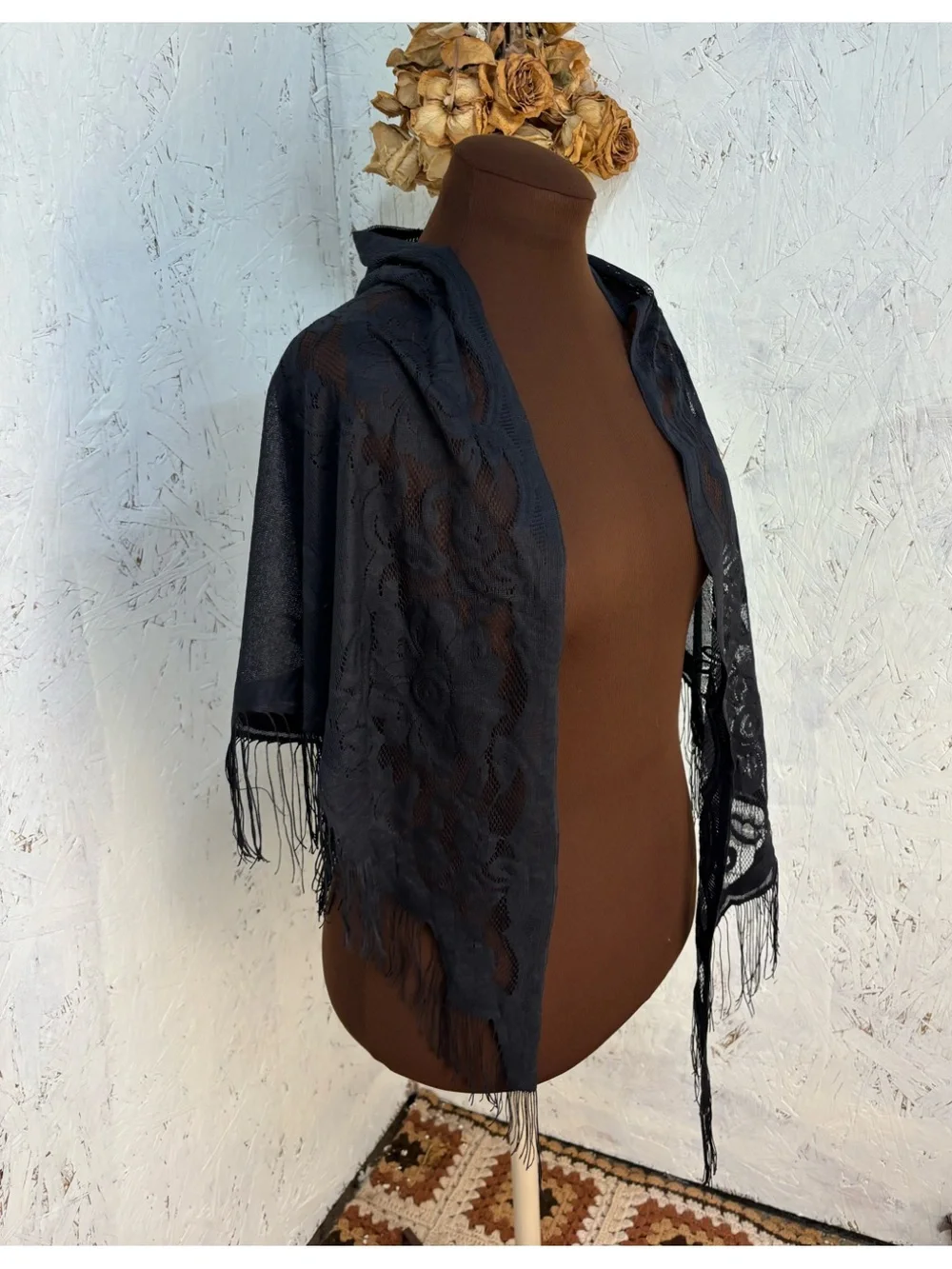 Vintage Lace Fringe Whimsigoth Floral Black Hair Hip Wrap Scarf